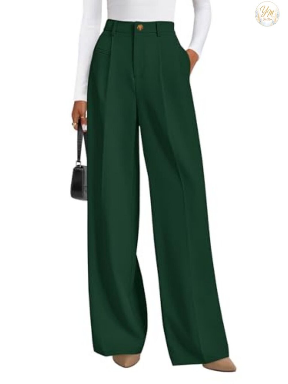 Wide Leg Work Dress Pants | High Waisted Trousers with Pockets | 100% Polyester